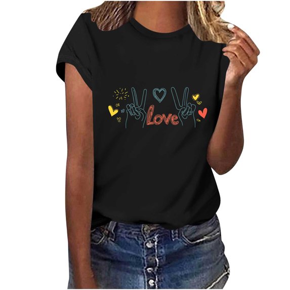 Sexlip Womens Short Sleeve T Shirt Gesture Print Crew Neck Design Soft Fabric for Casual Gatherings Black XXXL