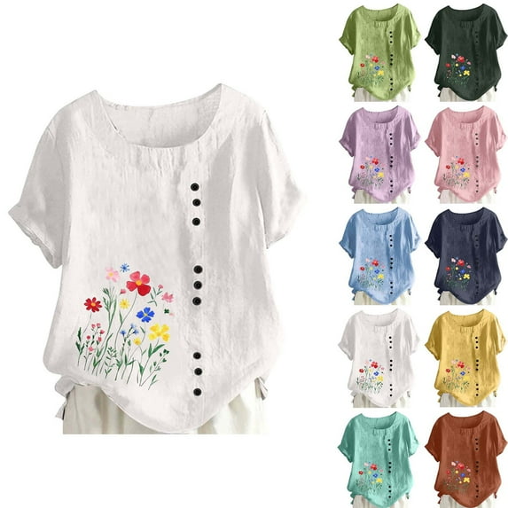 Sexlip Womens Short Sleeve T Shirt Side Button Cartoon Print Design Soft Fabric Relaxed Silhouette for Weekend Leisure Green L
