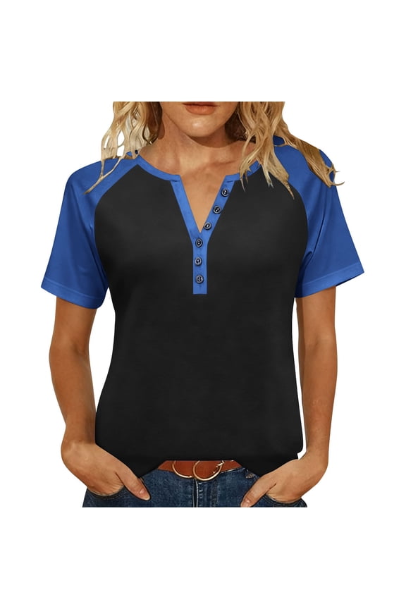Womens Short Sleeve Top Contrast Color Raglan Sleeve V Neck Simple Design Soft Fabric Relaxed Silhouette for Weekend Leisure Blue XL