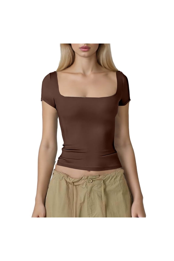 Womens Short Sleeve Top Crew Neck Ruched Detail Design Soft Fabric Relaxed Silhouette for Daily Leisure Brown XL