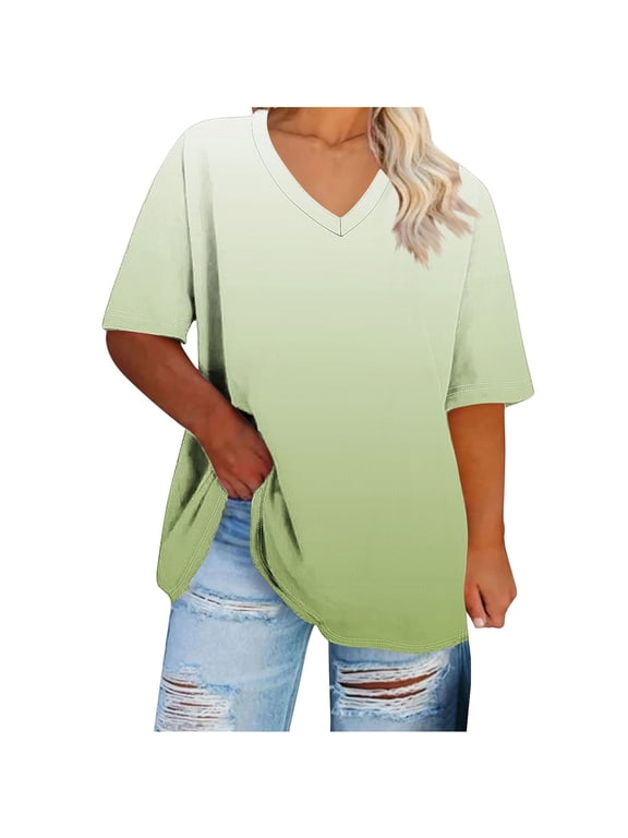 Womens Short Sleeve Top Gradient Design V Neck Loose Sleeve Soft Fabric Relaxed Silhouette for Weekend Gatherings Green M