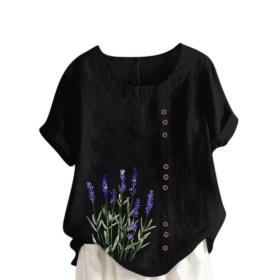 Sexlip Womens Short Sleeve Top Lavender Print Side Button Design Decorative Necklace Detail Soft Fabric Relaxed Silhouette for Outdoor Relaxation Black M