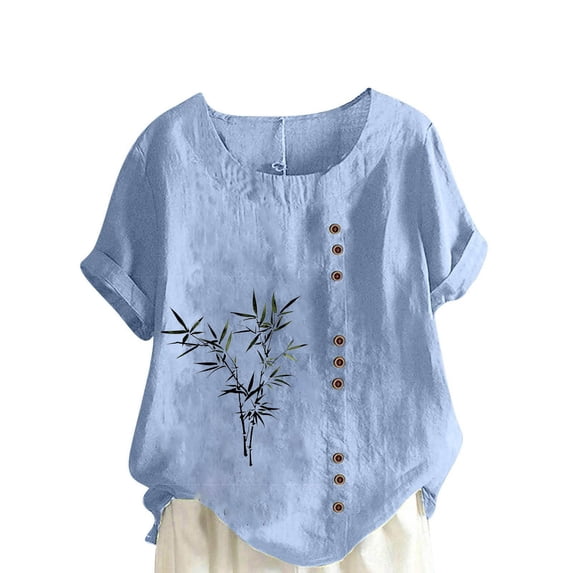 Sexlip Womens Short Sleeve Top Ornate Pattern Side Button Design Loose Sleeve Soft Fabric Relaxed Silhouette for Daily Wear Blue XXXXL