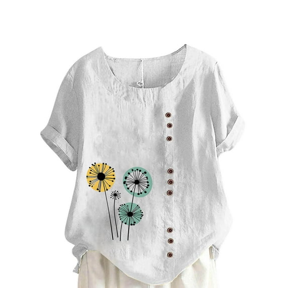 Sexlip Womens Short Sleeve Top Pattern Print Fringe Hem Side Button Design Loose Sleeve Soft Fabric Relaxed Silhouette for Weekend Outings White XXXXL