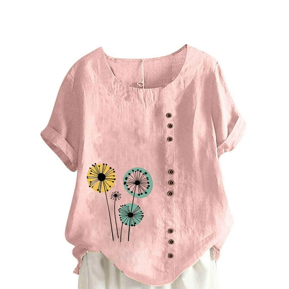Sexlip Womens Short Sleeve Top Pattern Print Fringe Hem Side Button Design Loose Sleeve Soft Fabric Relaxed Silhouette for Weekend Outings Pink XL