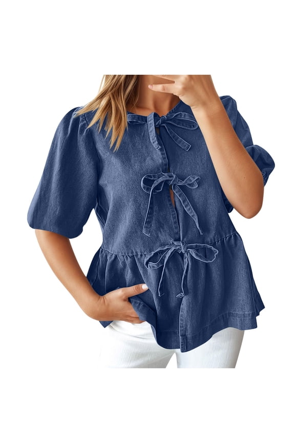 Womens Short Sleeve Top Puff Sleeve Drawstring Waist V Neck Soft Fabric Relaxed Silhouette for Daily Leisure Blue S
