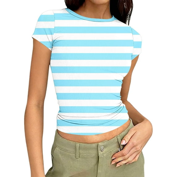 Sexlip Womens Short Sleeve Top Striped Pattern Off The Shoulder Design Soft Fabric Slim Silhouette for Daily Wear Blue M