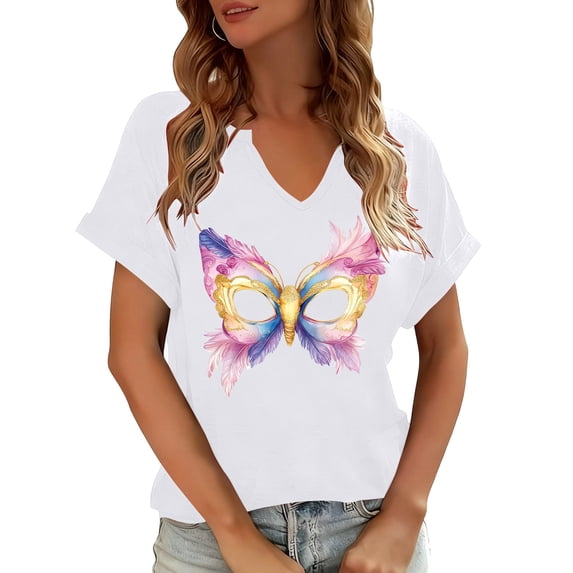 Sexlip Womens Short Sleeve Top V Neck Butterfly Styled Mask Print Loose Sleeve Soft Fabric Relaxed Silhouette for Casual Gatherings White S