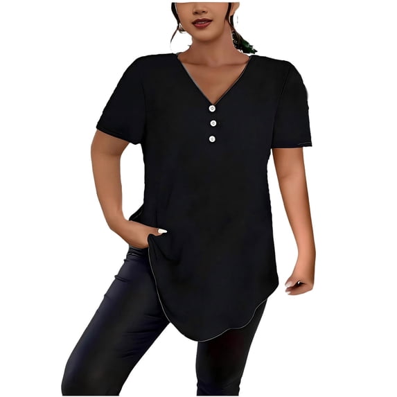 Sexlip Womens Short Sleeve Top V Neck Button Side Slit Design Soft Fabric Relaxed Silhouette for Daily Outfits Black XXL