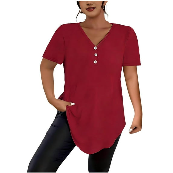 Sexlip Womens Short Sleeve Top V Neck Button Side Slit Design Soft Fabric Relaxed Silhouette for Daily Outfits Red XXXXL
