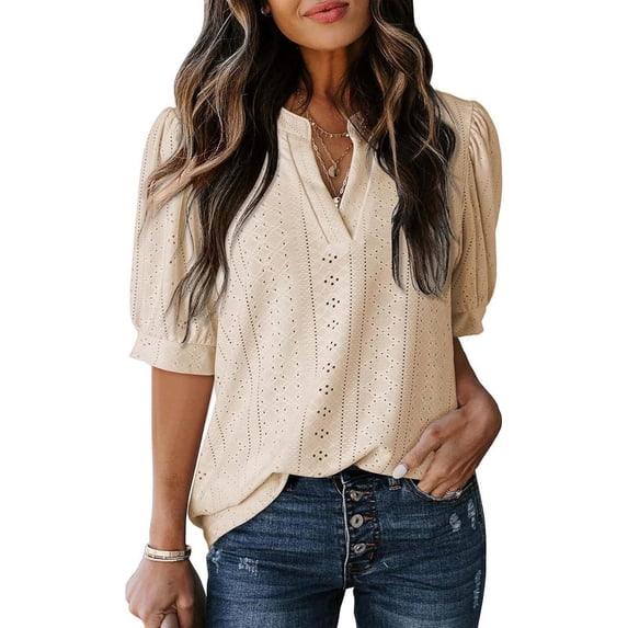 Sexlip Womens Short Sleeve V Neck Blouse Button Front Design Durable Fabric Relaxed Silhouette for Office Wear Beige L