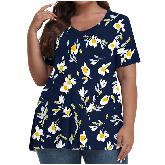 Sexlip Womens Short Sleeve V Neck Blouse Floral Print Design Soft Fabric Relaxed Silhouette for Casual Outings Blue XXXXL