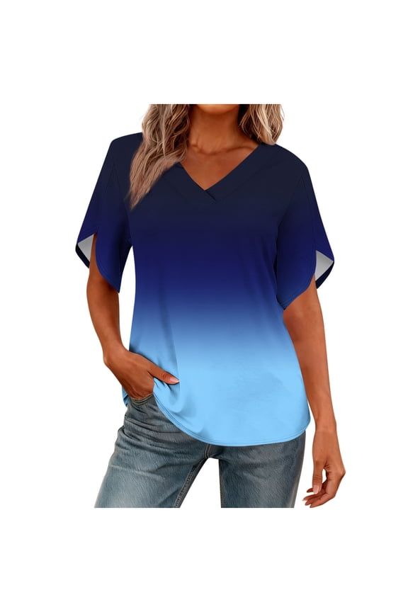 Womens Short Sleeve V Neck T Shirt Ombre Gradient Design Stretchy Fabric Casual Silhouette for Party Events Blue L
