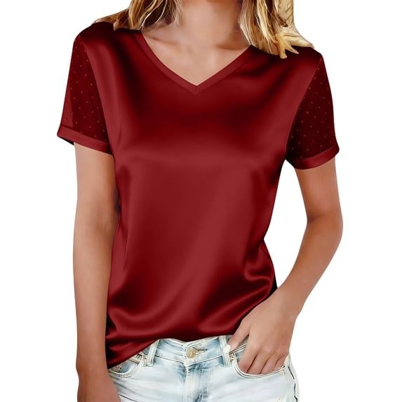 Sexlip Womens Short Sleeve V Neck T Shirt Satin Finish Design Lightweight Fabric Relaxed Silhouette for Casual Hangouts Red L