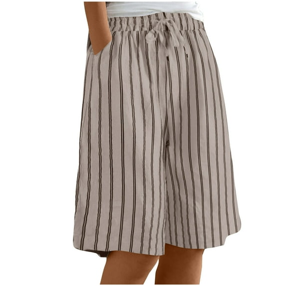 Sexlip Womens Shorts Vertical Stripe Pattern Drawstring Waist Soft Fabric Relaxed Silhouette for Weekend Gatherings Beige XXXL