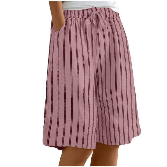 Sexlip Womens Shorts Vertical Stripe Pattern Drawstring Waist Soft Fabric Relaxed Silhouette for Weekend Gatherings Pink L