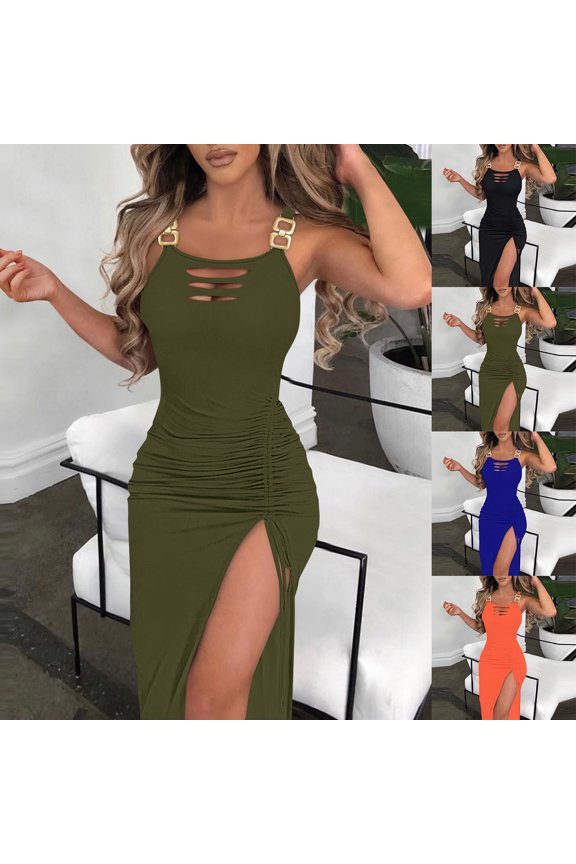 Womens Sleeveless Bodycon Midi Dress High Slit Design Breathable Fabric Casual Silhouette for Date Nights Green L