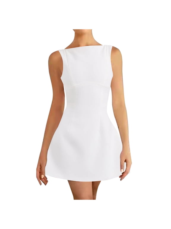 Womens Sleeveless Crew Neck Slim Mini Dress Simple Chic Casual Vacation Everyday Dress White M