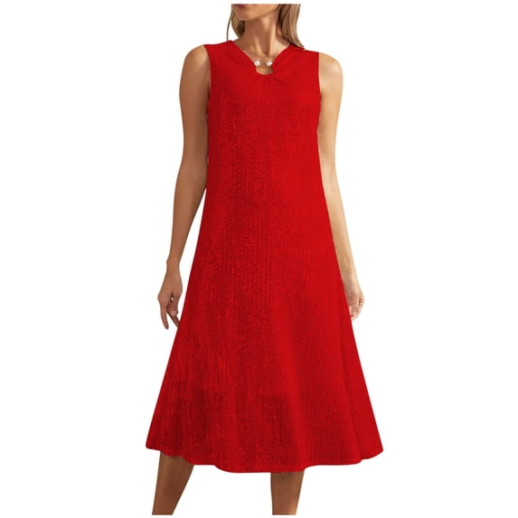 Sexlip Womens Sleeveless Fit And Flare Midi Dress V Neck Design Flowy Fabric Relaxed Silhouette for Evening Events Red S