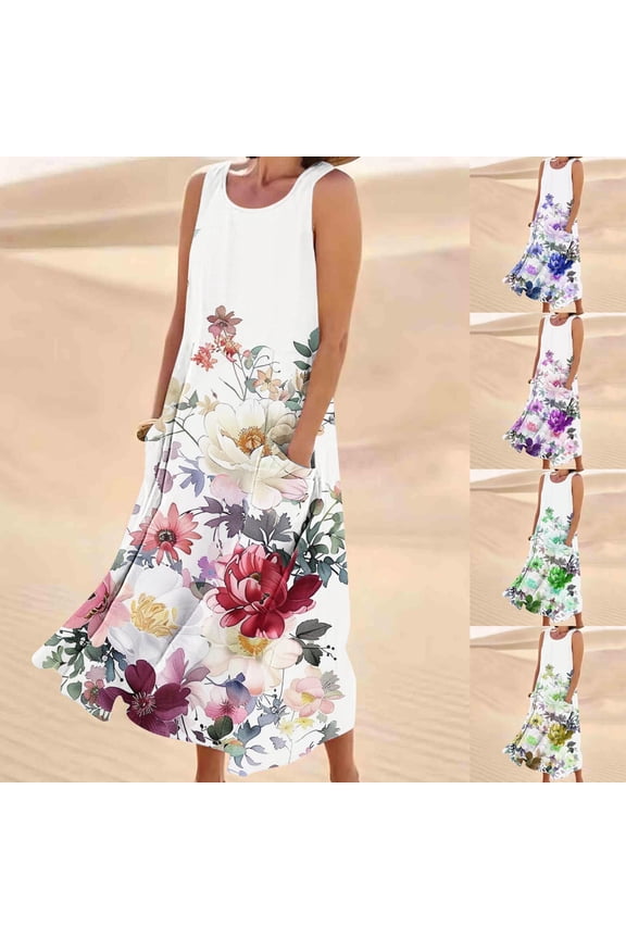 Womens Sleeveless Maxi Dress Floral Print Design V Neck Wrap Lightweight Fabric Relaxed Silhouette for Casual Outings Blue L