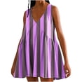 thumbnail image 1 of Sexlip Womens Sleeveless V Neck Mini Dress Vertical Stripe Print Design Flared Skirt Lightweight Fabric Casual Silhouette for Summer Festivals Purple M, 1 of 5