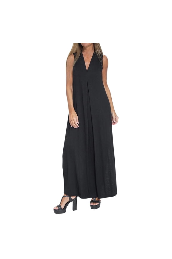 Womens Sleeveless Wide Leg Jumpsuit V Neck Design Pocket Detail Lightweight Fabric Casual Silhouette for Summer Festivals Black M
