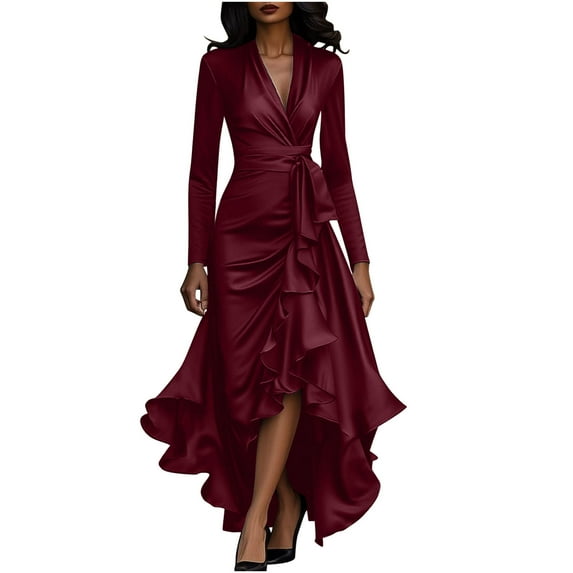 Sexlip Womens Solid V-Neck Dress, Cinched Waist Ruffled Elegant Maxi Dress, V Neck Long Sleeves Formal Gown Ruched Detail Red XL