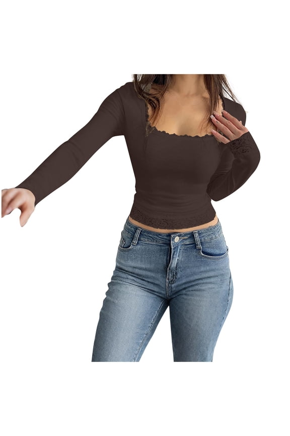 Womens Square Neck Blouse Long Sleeve Ruched Design Soft Fabric Slim Silhouette for Daily Use Brown L
