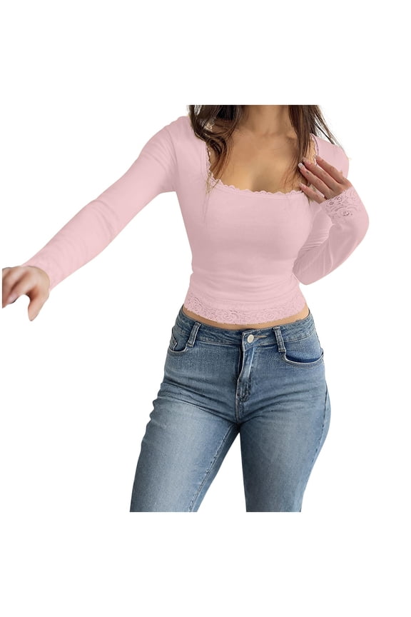 Womens Square Neck Blouse Long Sleeve Ruched Design Soft Fabric Slim Silhouette for Daily Use Pink S