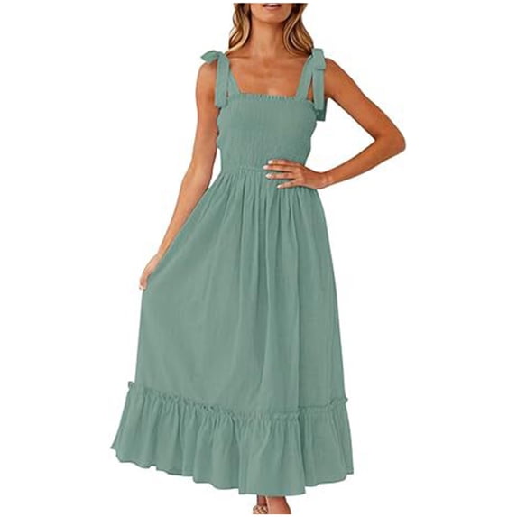 Sexlip Womens Square Neck Chiffon Midi Dress Ruffled Hem Design Lightweight Fabric Relaxed Silhouette for Vacation Looks Green L