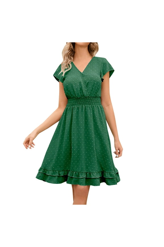 Womens Square Neck Puff Sleeve Ruffle Trim Mini Dress Flowy Breathable Summer Beach Picnic Dress Green S