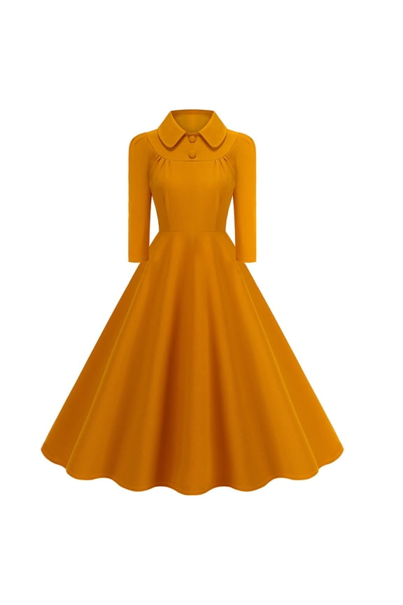 Womens Square Neck Puff Sleeve Swing Midi Dress Flowy Elegant Wedding Guest Tea Party Dress Yellow L