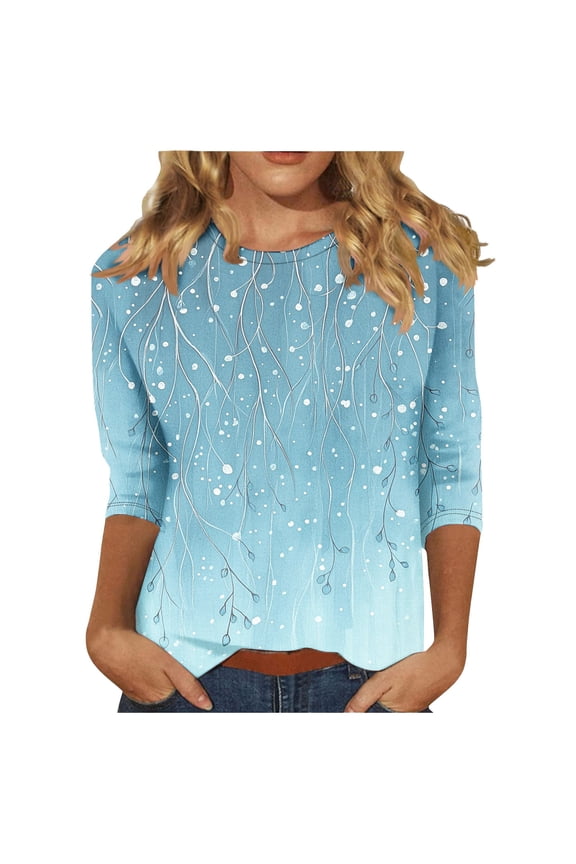Womens Star Print Knit Top 3/4 Sleeve Design Soft Fabric Relaxed Silhouette for Daily Errands Blue L