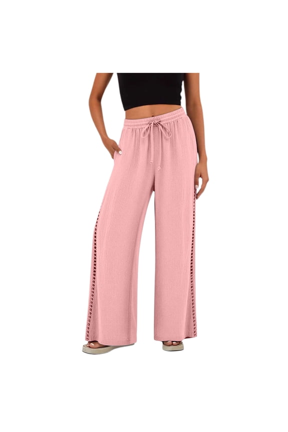 Womens Straight Leg Pants Spring Summer elastic waist tapered leg linen blend athletic wear breathable for summer outing Pink XXL