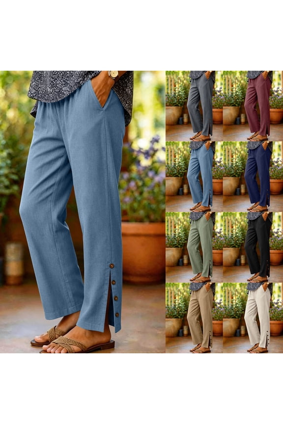 Womens Straight Leg Pants Summer elastic waist tapered leg lightweight fabric breathable wrinkle resistant for Casual Sports wear Black L