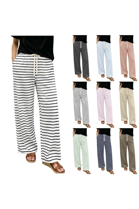 Womens Stretch Pants Summer drawstring waist straight leg cotton linen breathable wrinkle resistant for Casual Sports wear Brown L