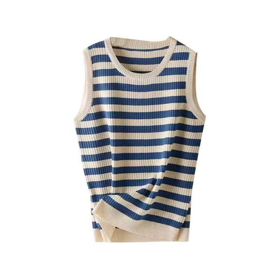 Sexlip Womens Striped Crew Neck Casual Tank Top Breathable Lightweight Summer Outfit Blue XXXXL
