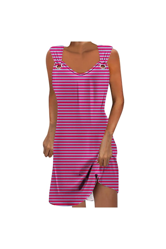 Womens Striped Mini Dress Sleeveless Design Stretchy Fabric Relaxed Silhouette for Casual Outings Pink L