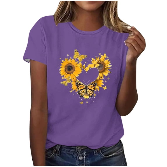 Sexlip Womens Sunflower Heart Graphic Blouse Crew Neck Design Stretchy Fabric Relaxed Silhouette for Stylish Outings Purple L