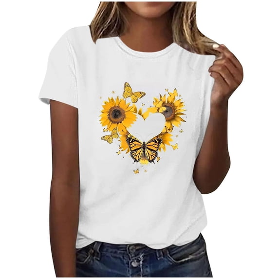 Sexlip Womens Sunflower Heart Graphic Blouse Crew Neck Design Stretchy Fabric Relaxed Silhouette for Stylish Outings White XXL