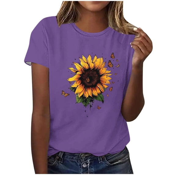 Sexlip Womens Sunflower Leopard Graphic Blouse Crew Neck Design Soft Fabric Relaxed Silhouette for Casual Outings Purple M