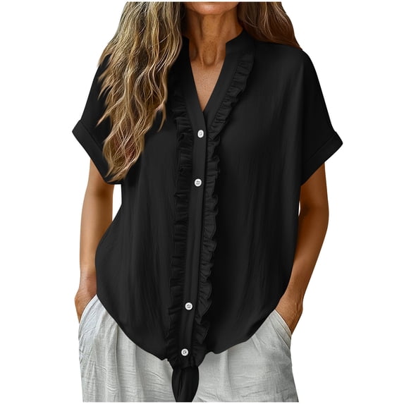Sexlip Womens Swimsuit Set Button Down Cover Up Design Ruffled Placket Short Sleeve Relaxed Silhouette Quick Dry Fabric for Beach Outings Black L