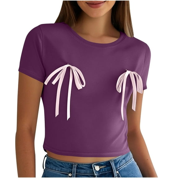 Sexlip Womens Swimsuit Set Double Bow Detail Cover Up Design Crew Neck Short Sleeve Cropped Silhouette Lightweight Fabric for Beach Vacations Purple L