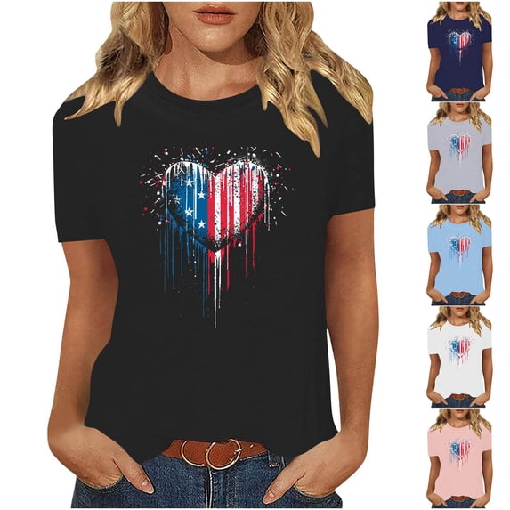 Sexlip Womens Swimsuit Set Dripping Heart Flag Print Cover Up Design Crew Neck Short Sleeve Casual Silhouette Lightweight Fabric for Beach Vacations Black L