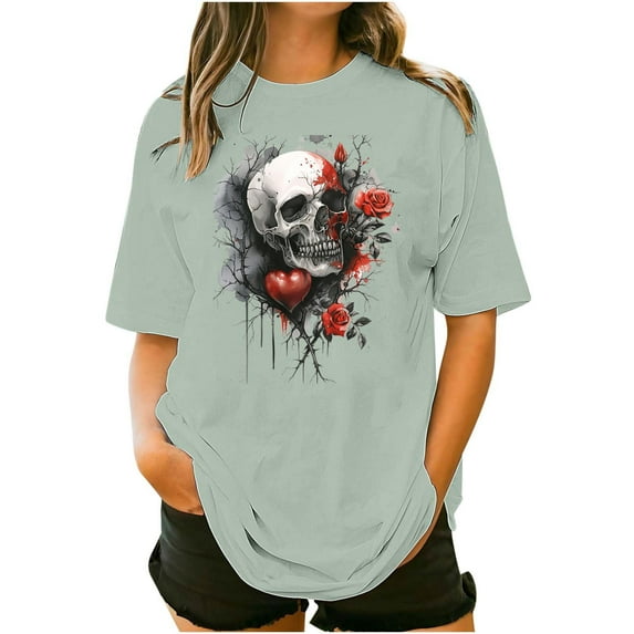 Sexlip Womens Swimsuit Set Dripping Rose Skull Print Cover Up Design Crew Neck Short Sleeve Casual Silhouette Breathable Fabric for Casual Beach Days Green M