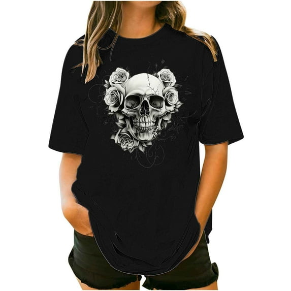 Sexlip Womens Swimsuit Set Floral Skull Print Cover Up Design Crew Neck Short Sleeve Loose Silhouette Lightweight Fabric for Beach Vacations Black XXL