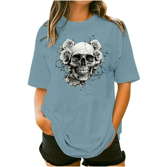 Sexlip Womens Swimsuit Set Floral Skull Print Cover Up Design Crew Neck Short Sleeve Loose Silhouette Lightweight Fabric for Beach Vacations Blue XL