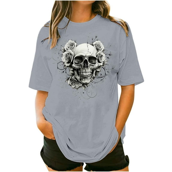 Sexlip Womens Swimsuit Set Floral Skull Print Cover Up Design Crew Neck Short Sleeve Loose Silhouette Lightweight Fabric for Beach Vacations Gray L