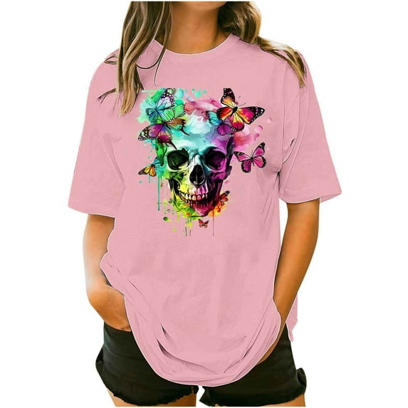 Sexlip Womens Swimsuit Set Gradient Butterfly Skull Print Cover Up Design Crew Neck Short Sleeve Casual Silhouette Breathable Fabric for Casual Beach Days Pink XXXL
