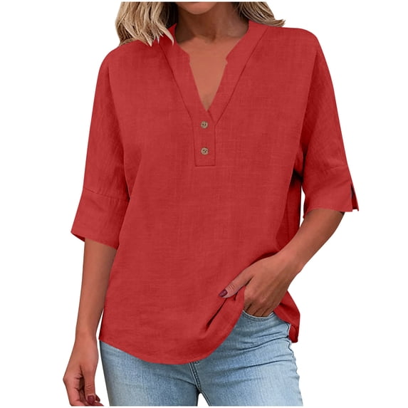 Sexlip Womens Swimsuit Set Henley Neck Cover Up Design Partial Button Closure 3/4 Sleeve Loose Silhouette Soft Fabric for Summer Water Activities Red XL